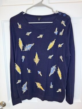 Talbots Feather Embroidered Sweater 🪶 Navy Blue | Petite Large